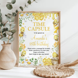 Honey Bee Floral Birthday Party Time Capsule Sign Poster
