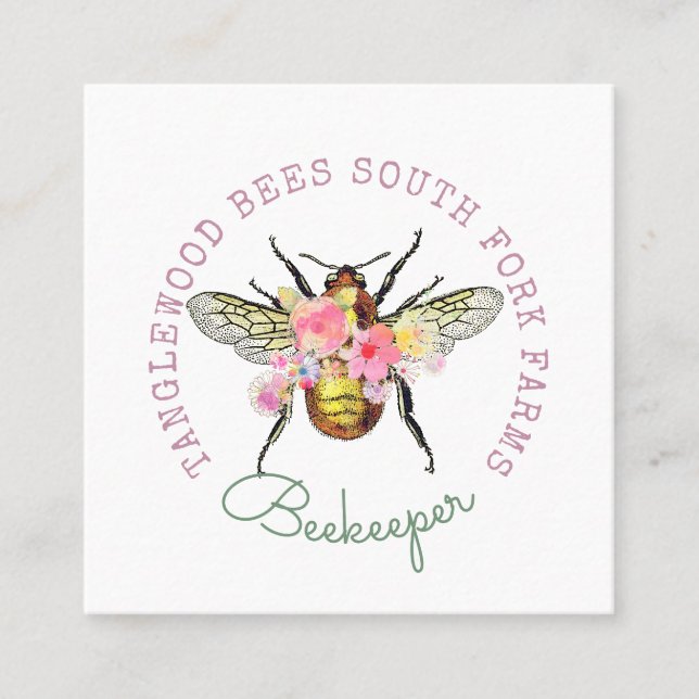 Honey Bee Floral Square Business Card Quadratische Visitenkarte (Vorderseite)