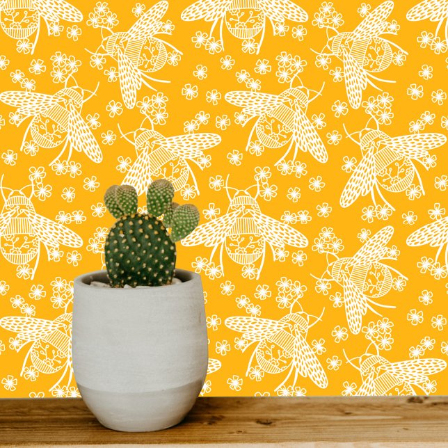 Honey Bee Gelb und Weiß Tapete (Sunshine honey yellow and white honey bee pattern art wallpaper)