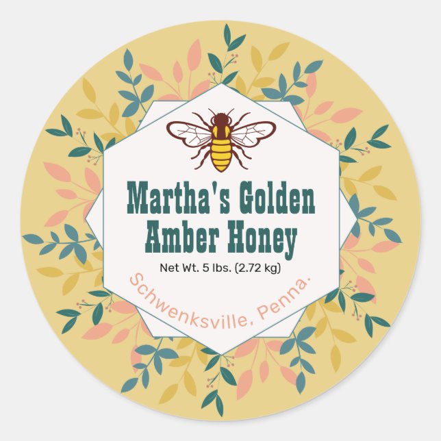 Honey Bee Hexagon Wreath Gold Honey Jar Runder Aufkleber (Vorderseite)