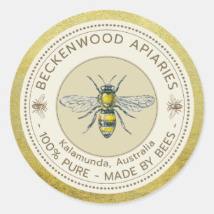 Honey Bee Label Gelbe Bienenhalter Apiary Gold Rim Runder Aufkleber