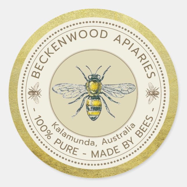 Honey Bee Label Gelbe Bienenhalter Apiary Gold Rim Runder Aufkleber (Vorderseite)