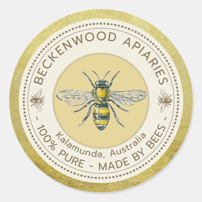 Honey Bee Label Gelbe Bienenhalter Apiary Gold Rim Runder Aufkleber (Vorderseite)