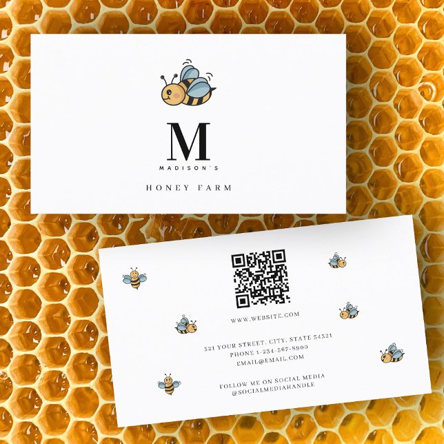 Honey Bee Luxury Monogram Minimalist QR Code Visitenkarte (Honey Bee Luxury Monogram Minimalist QR Code Business Card)