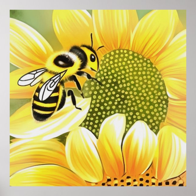 Honey Bee on Sunflower Niedliche Naive Art Poster (Vorne)