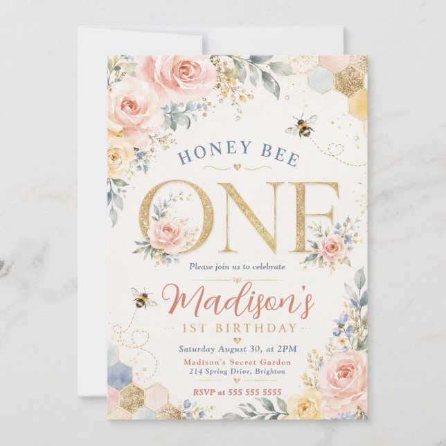Honey Bee One Erster Geburtstag Einladung (Vorderseite)