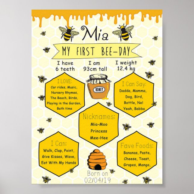 Honey Bee Party Meilenstein 1. Bee-Day Poster (Vorne)