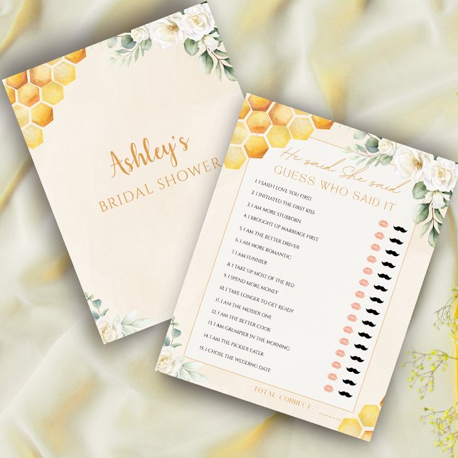 Honey Bee sagte, sie sagte Brautparty Game (Honey Bee He Said She Said Bridal Shower Game)