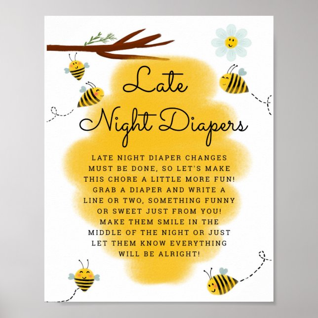 Honey Bee Spate Night Diapers Baby Dusche Schild (Vorne)