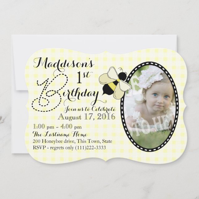 Honey Bee und Gingham Birthday Einladung (Vorderseite)