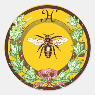 HONEY BEE, WREATH MIT OAK BLÄTTER MONOGRAM RUNDER AUFKLEBER