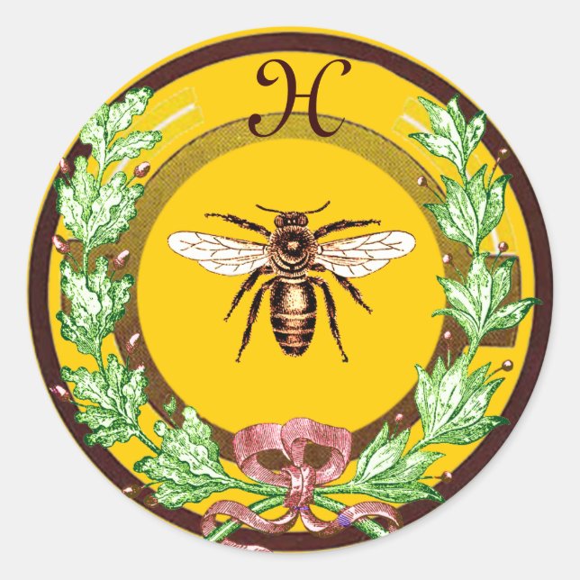 HONEY BEE, WREATH MIT OAK BLÄTTER MONOGRAM RUNDER AUFKLEBER (Vorderseite)