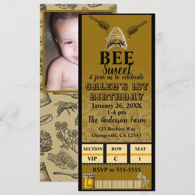 Honey Beehive Birthday Party Foto Ticket Einladung (Vorne/Hinten)
