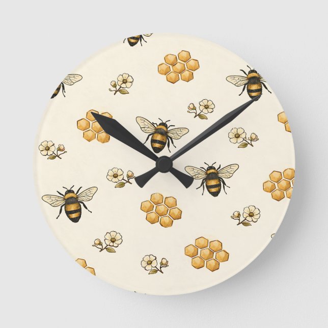 Honey Bees and Honeycomb Seamless Pattern Runde Wanduhr (Vorderseite)