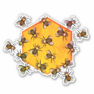 Honey Bees Art Orange Black Graphon Hexagon Modern Aufkleber