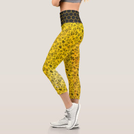 Honey Bees & Blume Liberty Pattern Black Yellow Capri Leggings