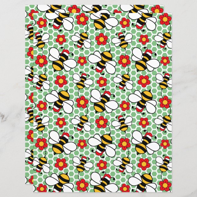 Honey Bees Christmas Scrapbook Paper in Green (Vorne/Hinten)