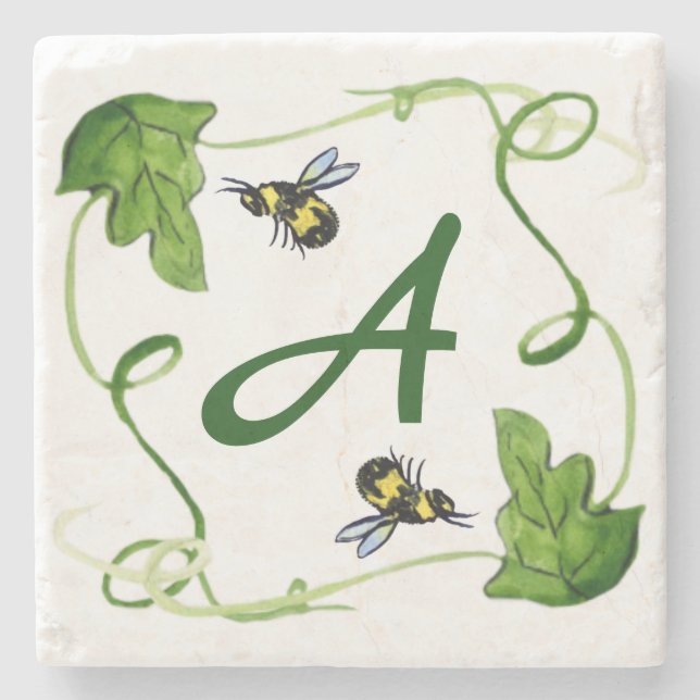 Honey Bees Green Leaf Custom Monogram Steinuntersetzer (Vorderseite)