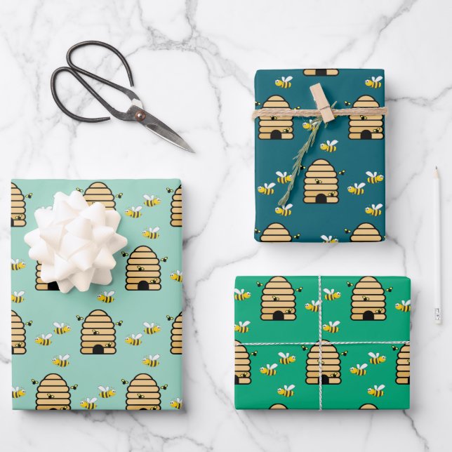 Honey Bees Hive Design Wrapping Paper Geschenkpapier Set (Vorderseite)