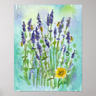 Honey Bees Lavender Herb Watercolor Blume Poster