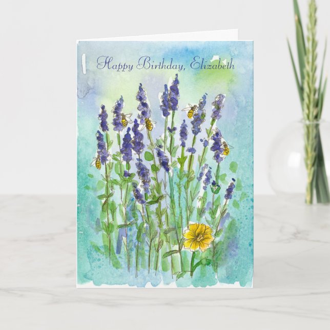 Honey Bees Lavender Personalisiert Happy Birthday Karte (Vorderseite)