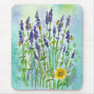 Honey Bees Lavender Watercolor Blume Blue Mousepad