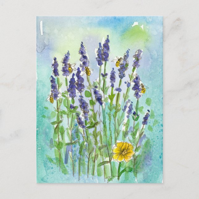 Honey Bees Lavender Watercolor-Blume Postkarte (Vorderseite)