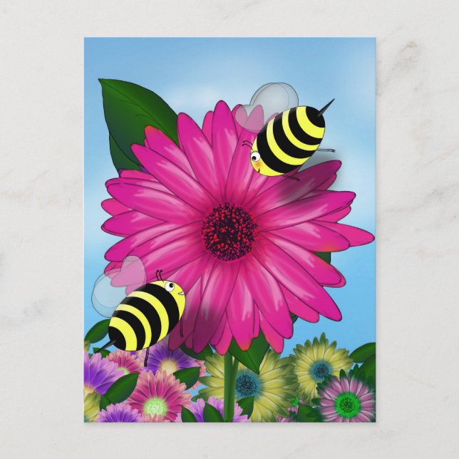 Honey Bees Meeting on Pink Flower Postkarte (Vorderseite)