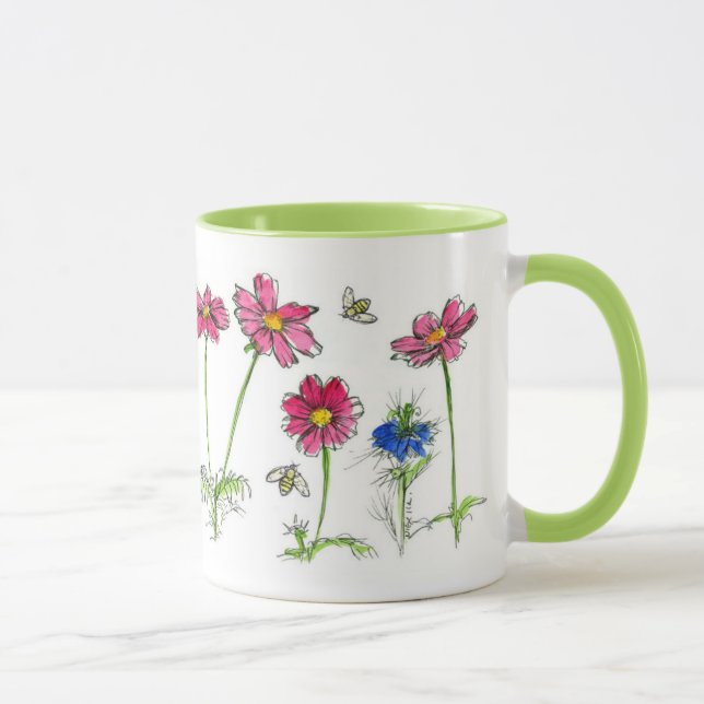 Honey Bees Pink Cosmos Wasserfarbe Blume Tasse (Rechts)