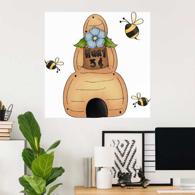 Honey Beve Hive mit Blue Blume und Bienen Poster (Von Creator hochgeladen)