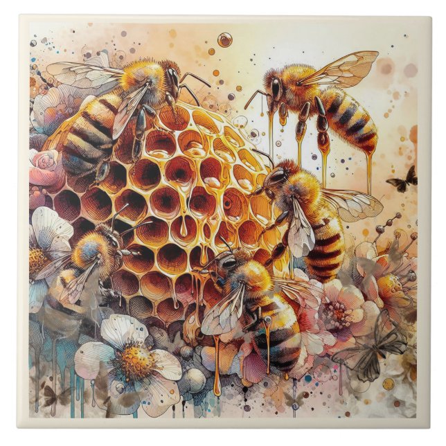 HONEY BEY BLUME auf HONEYCOMB | KERAMIK Fliese (Vorderseite)