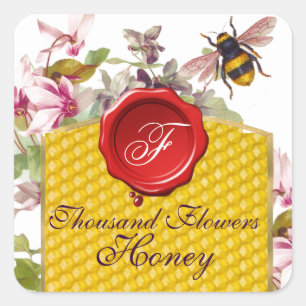 HONEY BEY, CYCLAMEN BLUME RED WAX SIEGEL MONOGRAM QUADRATISCHER AUFKLEBER