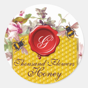 HONEY BEY, CYCLAMEN BLUME RED WAX SIEGEL MONOGRAM RUNDER AUFKLEBER