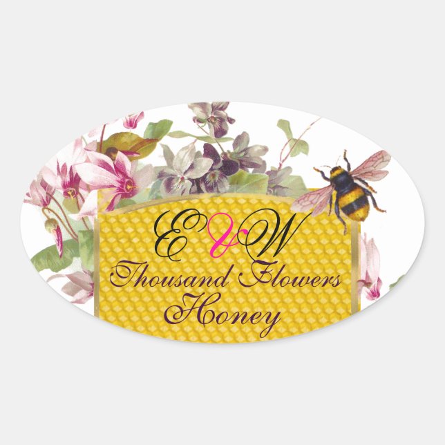 HONEY BEY, PINK CYCLAMEN BLUME BEEKEEPER MONOGRAM OVALER AUFKLEBER (Vorderseite)