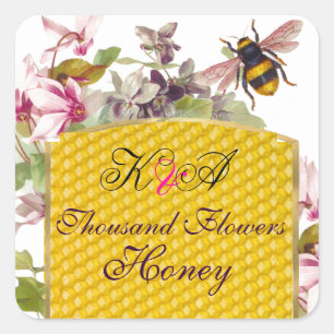 HONEY BEY, PINK CYCLAMEN BLUME BEEKEEPER MONOGRAM QUADRATISCHER AUFKLEBER