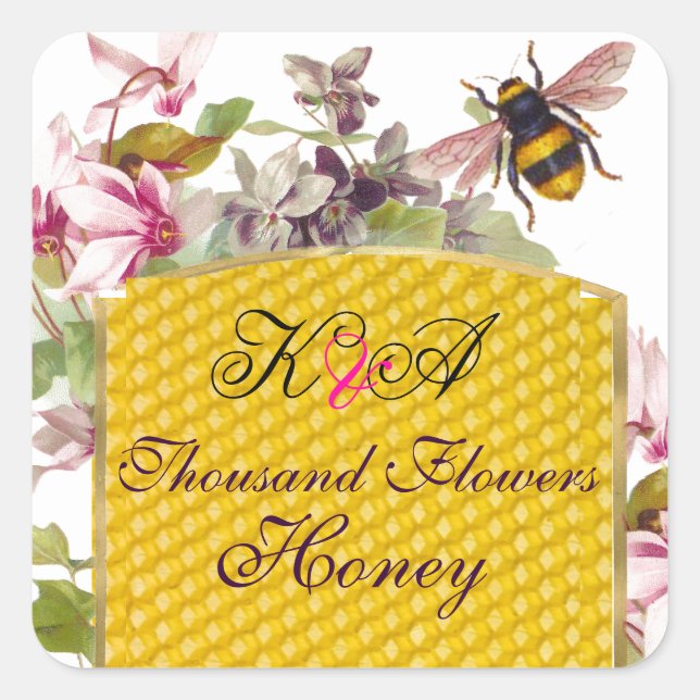 HONEY BEY, PINK CYCLAMEN BLUME BEEKEEPER MONOGRAM QUADRATISCHER AUFKLEBER (Vorderseite)