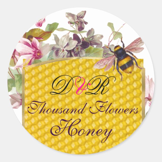 HONEY BEY, PINK CYCLAMEN BLUME BEEKEEPER MONOGRAM RUNDER AUFKLEBER (Vorderseite)