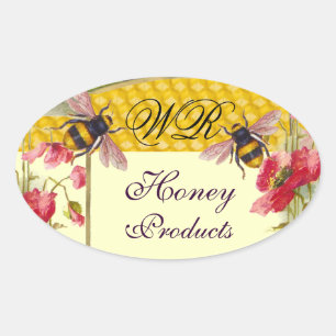 HONEY BIES AND RED POPPIES BEEKEEPER MONOGRAM OVALER AUFKLEBER