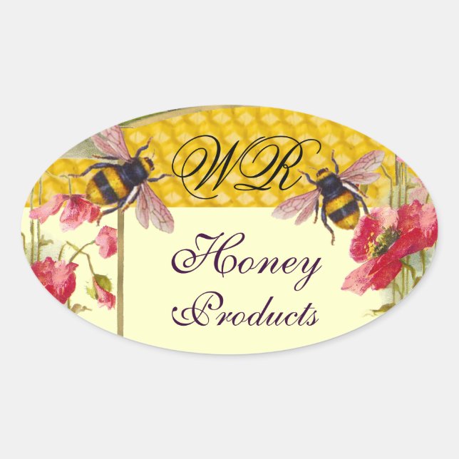 HONEY BIES AND RED POPPIES BEEKEEPER MONOGRAM OVALER AUFKLEBER (Vorderseite)