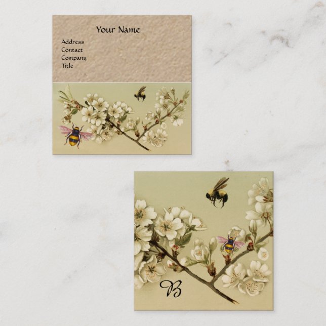 HONEY BIES AND WILD ROSE MONOGRAM Kraft Paper Quadratische Visitenkarte (Vorne/Hinten)