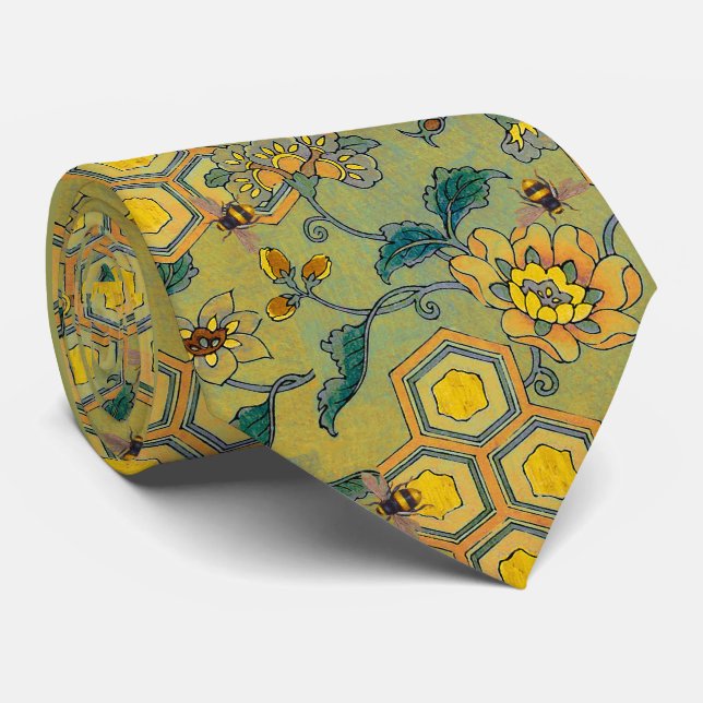 HONEY BIES, BEENEN, FRÜHSTÜCKE BLUMEN Grün Gelb Krawatte (Gerollt)