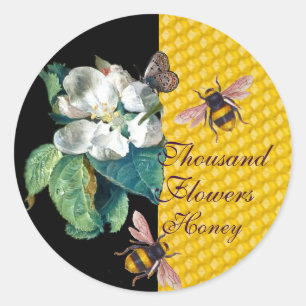 HONEY BIES, BUTTERFLY UND WEISSE BLUME RUNDER AUFKLEBER