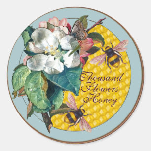 HONEY BIES, BUTTERFLY, WEISSE BLUME UND WILDE ROSE RUNDER AUFKLEBER
