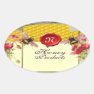 HONEY BIES, POPPIES, ROT-WAX-SIEGEL-BEEKEEPER-MONO OVALER AUFKLEBER