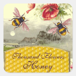 HONEY BIES, RED POPPIES RUSTISCHE LANDSCHAFTSBEEKE QUADRATISCHER AUFKLEBER