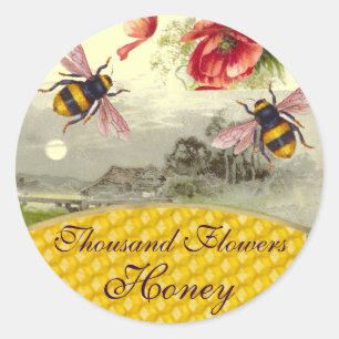 HONEY BIES, RED POPPIES RUSTISCHE LANDSCHAFTSBEEKE RUNDER AUFKLEBER