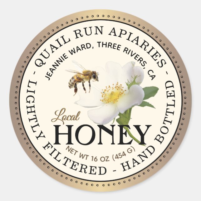 Honey Brushed Bronze Wild Rose & Bienenrunde Label Runder Aufkleber (Vorderseite)