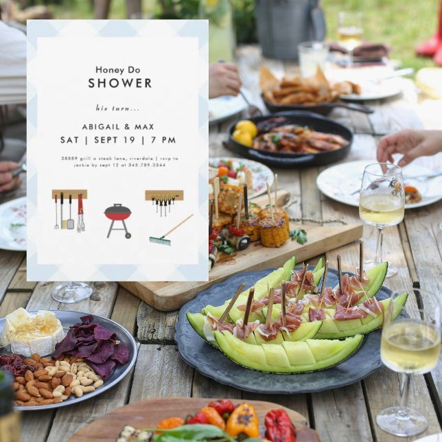 Honey Do Couples Blue Kariert Polterabend Einladung (Von Creator hochgeladen)