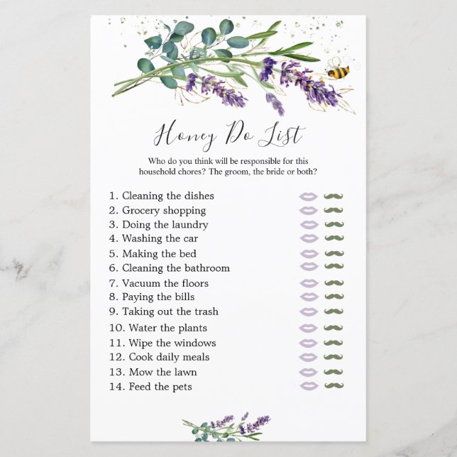 Honey Do List Bridal Game, Lavendel Eucalyptus (Vorderseite)