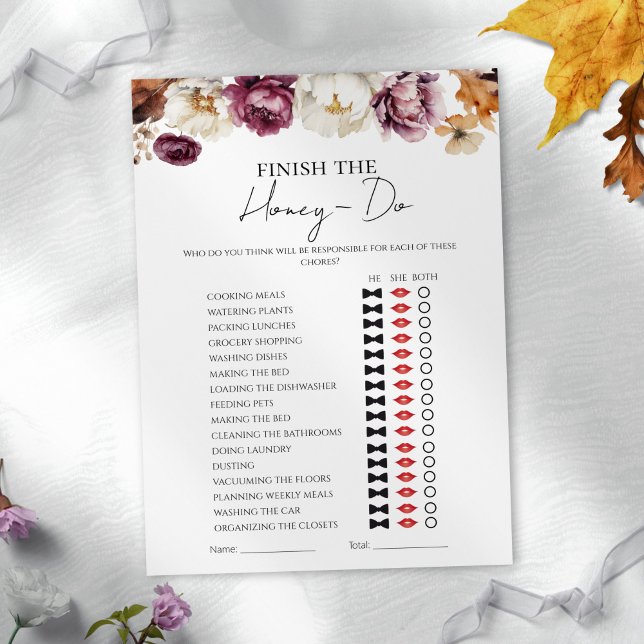 Honey Do List Fall Floral Brautparty Game Card Einladung (Von Creator hochgeladen)
